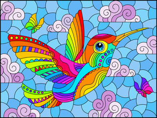 An illustration in the style of a stained glass window with a bright cartoon hummingbird bird on a background of blue sky and clouds