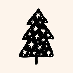 Fototapeta na wymiar Christmas tree minimalist art print. Black and white design.