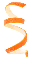 Vertical image of orange twist isolated on a white background. Citrus fruit. Orange zest spiral.