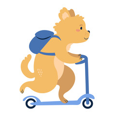 A dog on kick scooter. Cute animal character vector illustration.