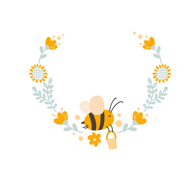 character of cute kids bee honey with flower wreath on the in flat vector scandinavian style. Baby illustation frame of bee for content, greeting card, graphic, etc