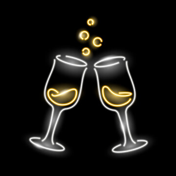Neon icon of two wine glasses isolated on black background. Merry Christmas, New Year, champagne, chin-chin concept. Vector 10 EPS illustration.