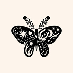 Night moth cute illustration art print, ornate butterfly.