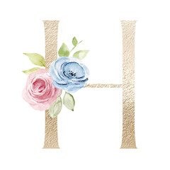 Floral alphabet, letter h with watercolor flowers and leaf. Gold monogram initials perfectly for wedding invitations, greeting card, logo, poster and other design. Holiday design hand painting.