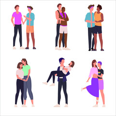Gay and lesbian couples. Homosexual persons vector illustration. Cartoon flat gay and lesbian couples. Happy homosexual couples in romantic and love relationship. Isolated on white.