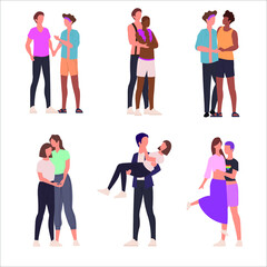 Fototapeta premium Gay and lesbian couples. Homosexual persons vector illustration. Cartoon flat gay and lesbian couples. Happy homosexual couples in romantic and love relationship. Isolated on white.