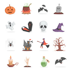 Set of Halloween party items. Scary and ugly pumpkin, pot with poison, bats, gravestone, ghost, skull, witch hat, spider, castle, witch, tree, candle, skeleton hand vector flat cartoon illustration.
