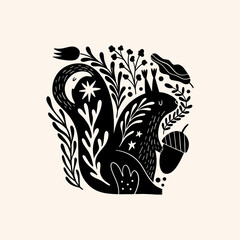 Squirrel woodland animal drawing in ornate rural folk scandinavian style. © Knstart Studio