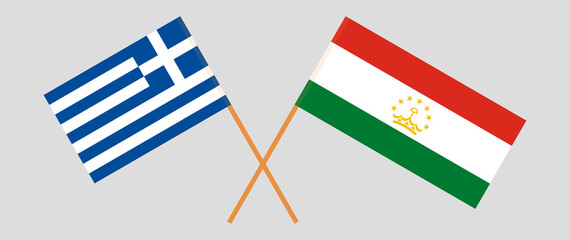 Crossed flags of Greece and Tajikistan. Official colors. Correct proportion