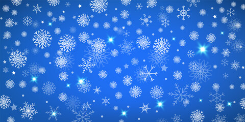 Fototapeta premium Snowfall Isolated on Holiday Blue Background in Realistic Style. Snowflake Wallpaper. Vector Illustration..