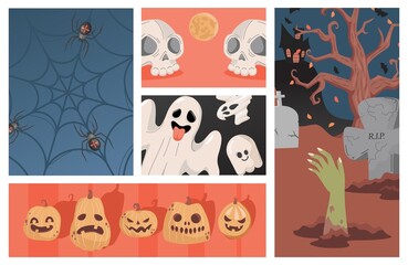 Fototapeta premium Set of Halloween party illustrations. Ugly scary pumpkin heads, ghosts, human skulls vector flat cartoon illustration. Web with spiders and outdoor scene with gravestones and zombie hand.