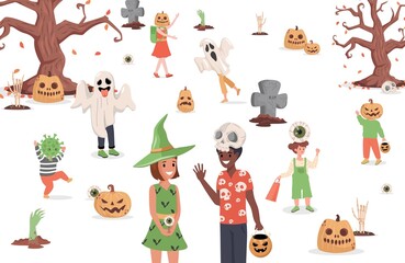Children wearing monster costumes walking in the city vector flat illustration. Trick or treat Halloween party concept. Boys and girls in witch, ghosts, coronavirus, and scary pumpkin costumes.