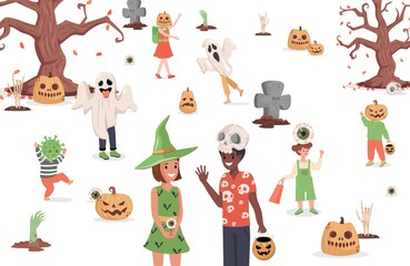 Fototapeta premium Children wearing monster costumes walking in the city vector flat illustration. Trick or treat Halloween party concept. Boys and girls in witch, ghosts, coronavirus, and scary pumpkin costumes.