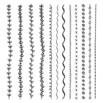 Set of vector brush lines, doodle sketches, scribble lines, design elements isolated on white background. Hand drawn floral elements