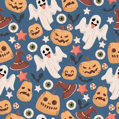 Halloween seamless pattern. Scary ghosts, witch hats, stars, bats, candies, human eyes, and pumpkins isolated on blue background. Trick or treat Halloween party vector flat cartoon backdrop.