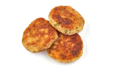 Fried cutlets in breadcrumbs, Isolated on white background.