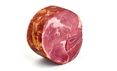 Obraz premium Piece of Antipasto meat, cold smoked meat, isolated on white background. High resolution image.