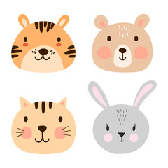 Set of cute animal faces in Scandinavian simple childish style. Sweet tiger, bear, cat, bunny portrait pack.