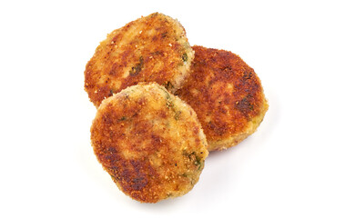 Fried cutlets in breadcrumbs, Isolated on white background.