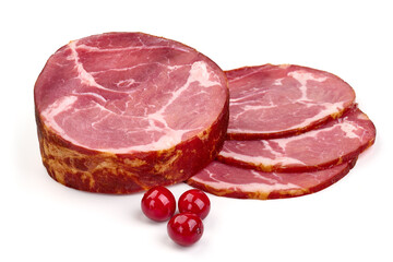 Smoked pork ham, isolated on white background.