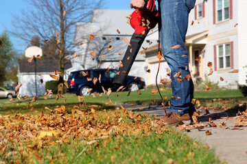 Man working with  leaf blower: the leaves are being swirled up and down on a sunny day