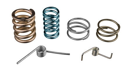 Set of compression and torsion elastic coiled springs isolated on white background. Helical wire winding in springy cylindric metal parts to store mechanic energy. Use in machine-building or vehicles.