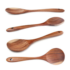 Wooden spoons on white background, collage. Cooking utensil