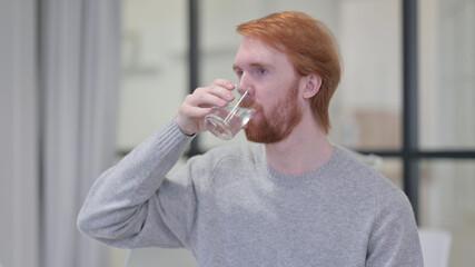 Fototapeta na wymiar Young Beard Redhead Man Drinking Water