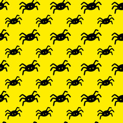 Vector halloween seamless pattern spider logo clipart isolated on yellow background. Funny, cute illustration for seasonal design, textile, decoration kids playroom or greeting card. Hand drawn art.