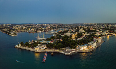 Fototapeta na wymiar Evening Sevastopol panorama, aerial view of the Sevastopol bay and embankment