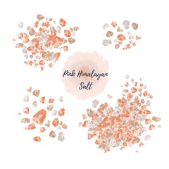 Pink himalayan salt isolated on white background digital watercolor illustration. Heap, pile, scattered crystal pieces - obrazy, fototapety, plakaty