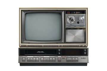 Old vintage 1970s TV and VCR isolated on white background.Vintage TVs 1960s 1970s 1980s 1990s 2000s. 