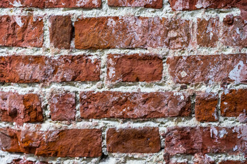 Brick damaged wall, abstract background, texture, copy space