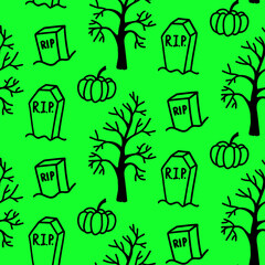 Vector halloween seamless pattern of grave, cemetery, pumpkin, dry tree. Funny, cute illustration for seasonal design, textile, decoration kids playroom or greeting card. Hand drawn prints and doodle.
