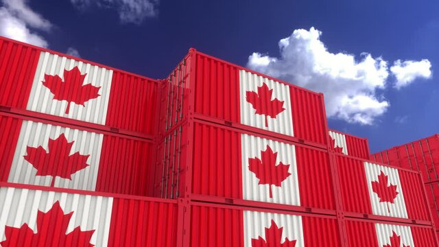 Canada flag containers are located at the container terminal. Canada export or import concept, 4K
