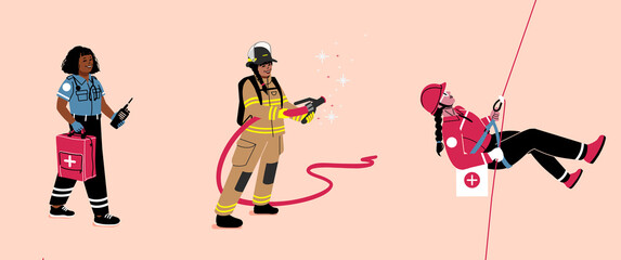 Female first responders in action. Firefighter operating a fire hose, EMT with emergency equipment responding to a 911 call. Search and Rescue rock climber rappelling.