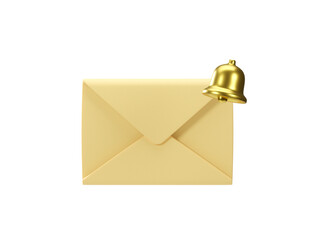 Mail envelope with golden notification bell isolated on white background. 3d render of new e-mail message notice icon. Concept of subscription to newsletter. 3d rendering illustration of message