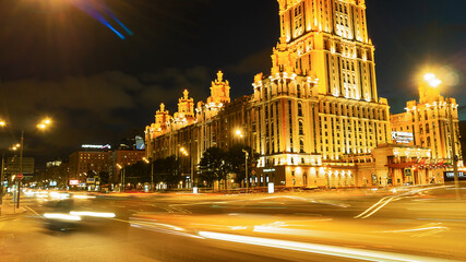 Moscow night road landscape with driving cars