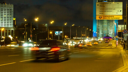 Moscow night road and bridges landscape with green and pink lights
