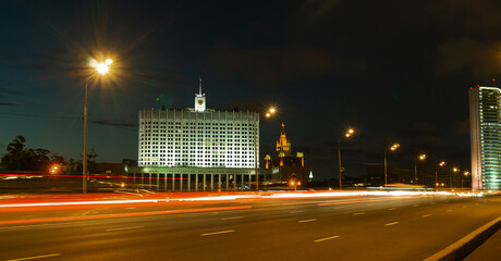 Moscow night road and bridges landscape with driving cars