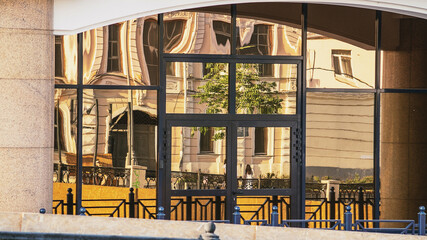 Reflections in the windows of buildings in the city