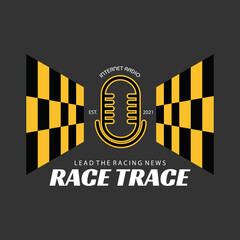 Radio show logo. Flat logo of a microphone radio with checkered start or finish flags on the right and left side, with &lsquo;Race Trace&rsquo; main text below and &rsquo;Lead The Racing News&rsquo; as tagline. EPS8 file.