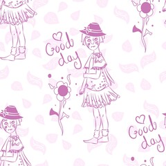 Cute Doodle Sketch Repeat Vector Pattern With 'good Day' Text In Pink And White