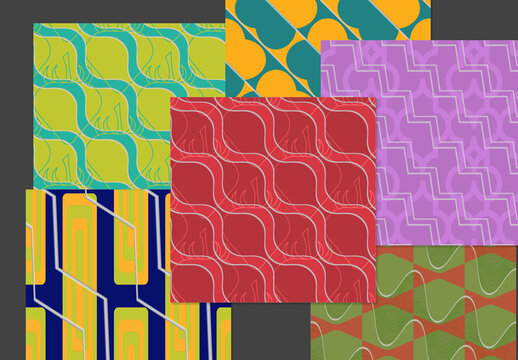 Seamless Pattern Set with Retro Colored Geometric Shapes and 3D Shadow Effect