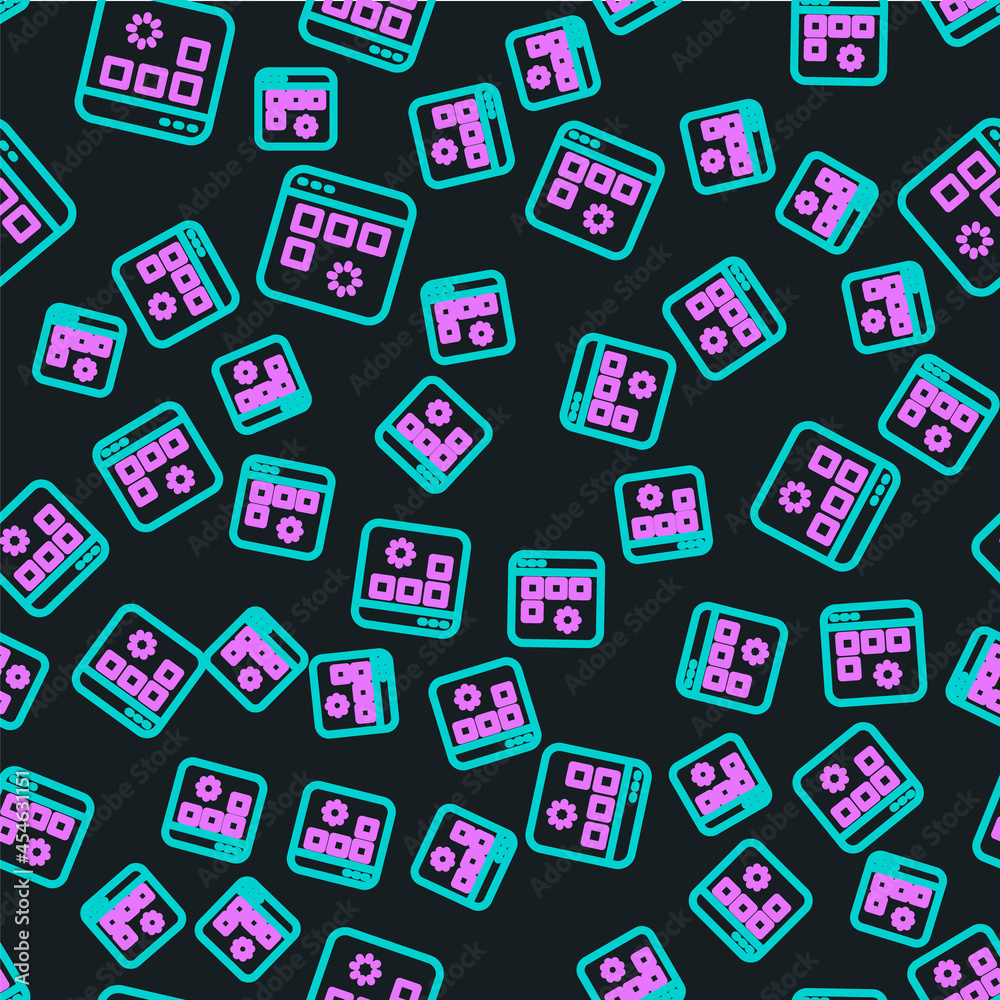 Poster line loading a data window with a progress bar icon isolated seamless pattern on black background. v