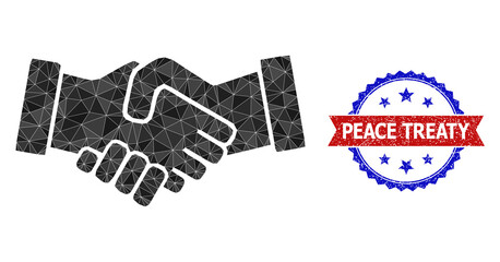 Low-poly handshake polygonal 2d illustration, and grunge bicolor rosette stamp, in red and blue colors. Collage handshake is composed with random color triangles.