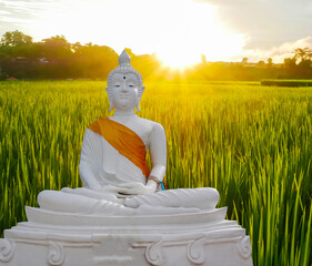 statue buddha on golden sunset background beliefs of Buddhism