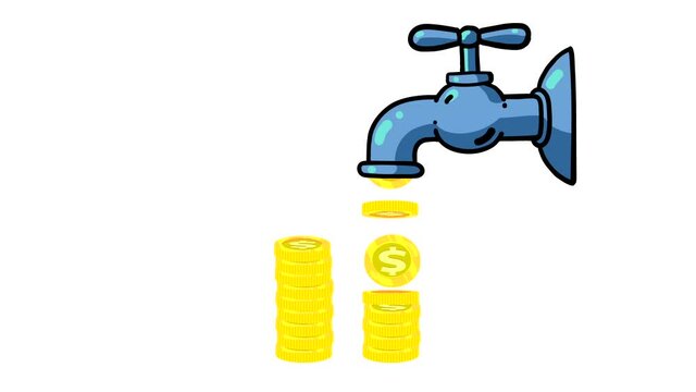 Tap and money cartoon animation. Moving stopcock. Business subject. Dollars forming money piles.