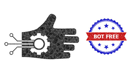 Lowpoly mechanical arm polygonal icon illustration, and grunge bicolor rosette seal stamp, in red and blue colors. Collage mechanical arm composed of randomized color triangles.