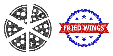 Lowpoly pizza pieces polygonal icon illustration, and grunge bicolor rosette seal stamp, in red and blue colors. Collage pizza pieces created with chaotic color triangles.